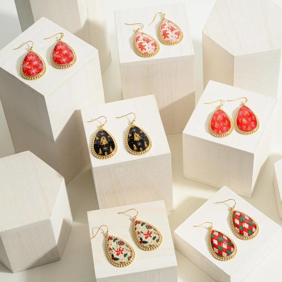 Red & Gold Christmas Tree Glass Crystal Tear Drop Earrings - Picture 3 of 3